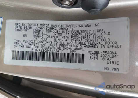 2004 Toyota Sienna Xle Limited from USA, damaged, VIN 5TDZA22C84S187417